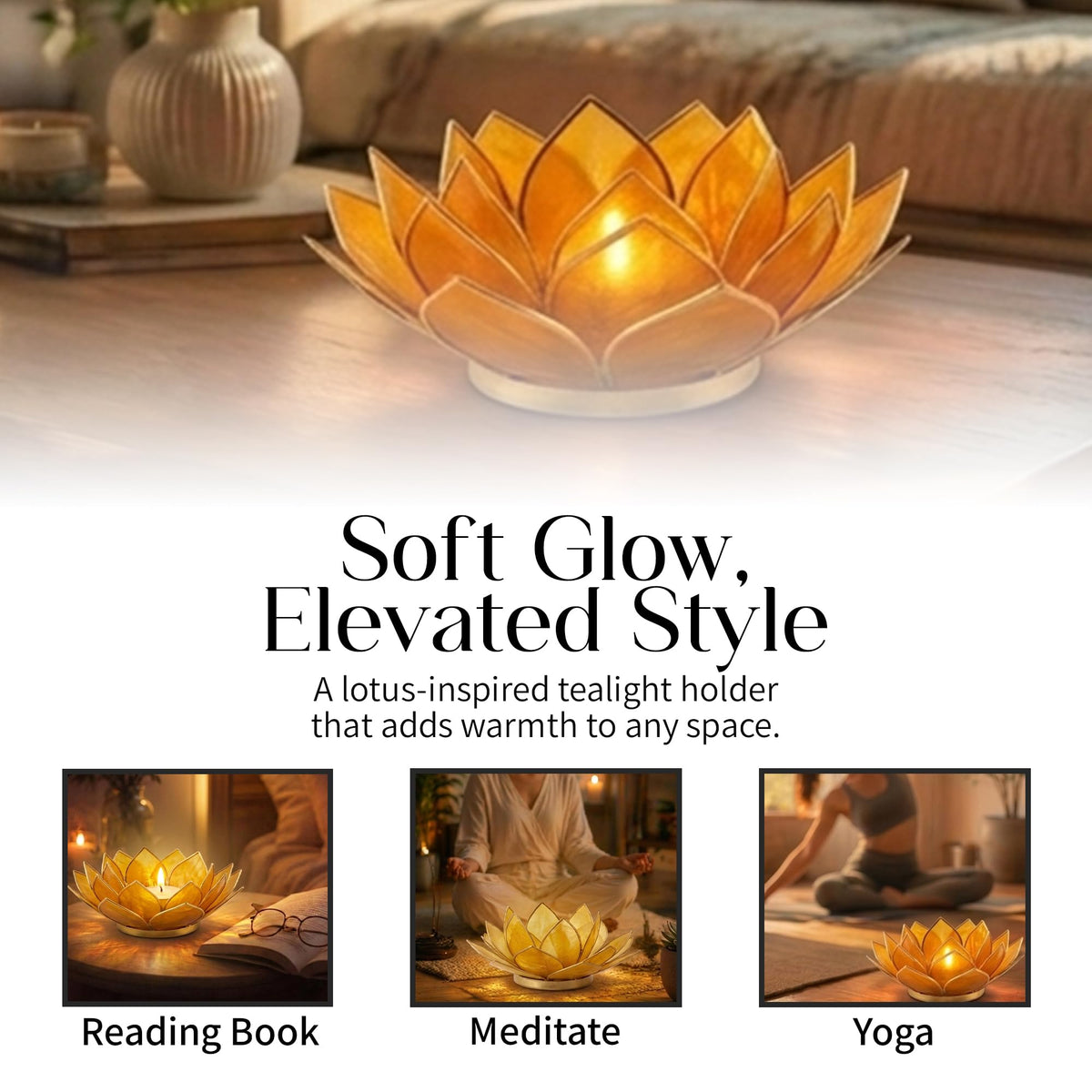 Om Gallery Gemstone Lotus Tealight Holder - Handcrafted Capiz Shell Design for Soft Glow, Elegant Home & Table Decor, Wedding Centerpieces, Votive Candle Styling, and Thoughtful Gifting - Amber