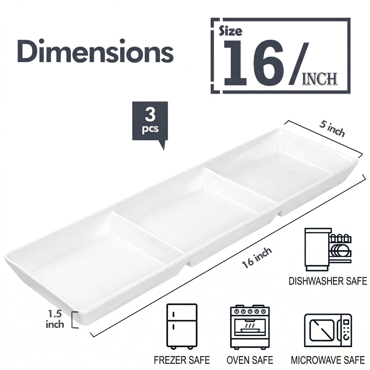 DELLING 16x5 Inch Ceramic 3-Section Serving Tray Set of 3, Stackable Divided Serving Platter - White Porcelain Appetizer Tray for Snack Food Dessert, Dishwasher Safe