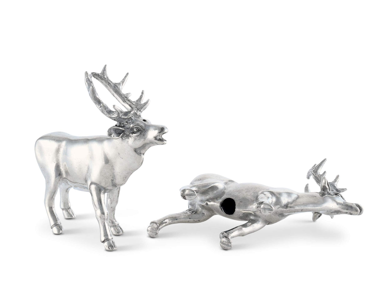 Vagabond House Pewter Deer/Elk Salt and Pepper Shakers Set Artisan Designer Handcrafted for Cabin Lodge Mountain Décor 4.5 inch Tall