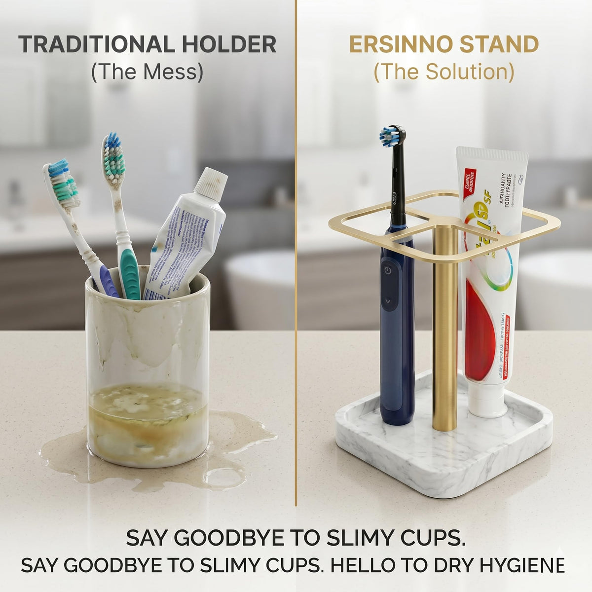 ERSINNO Electric Toothbrush Holder for Bathroom - Resin Marble Base & 304 Stainless Steel Organizer - 3-Slot Toothpaste and Vanity Stand - Space-Saving Bathroom Caddy for Countertop (White Silver)