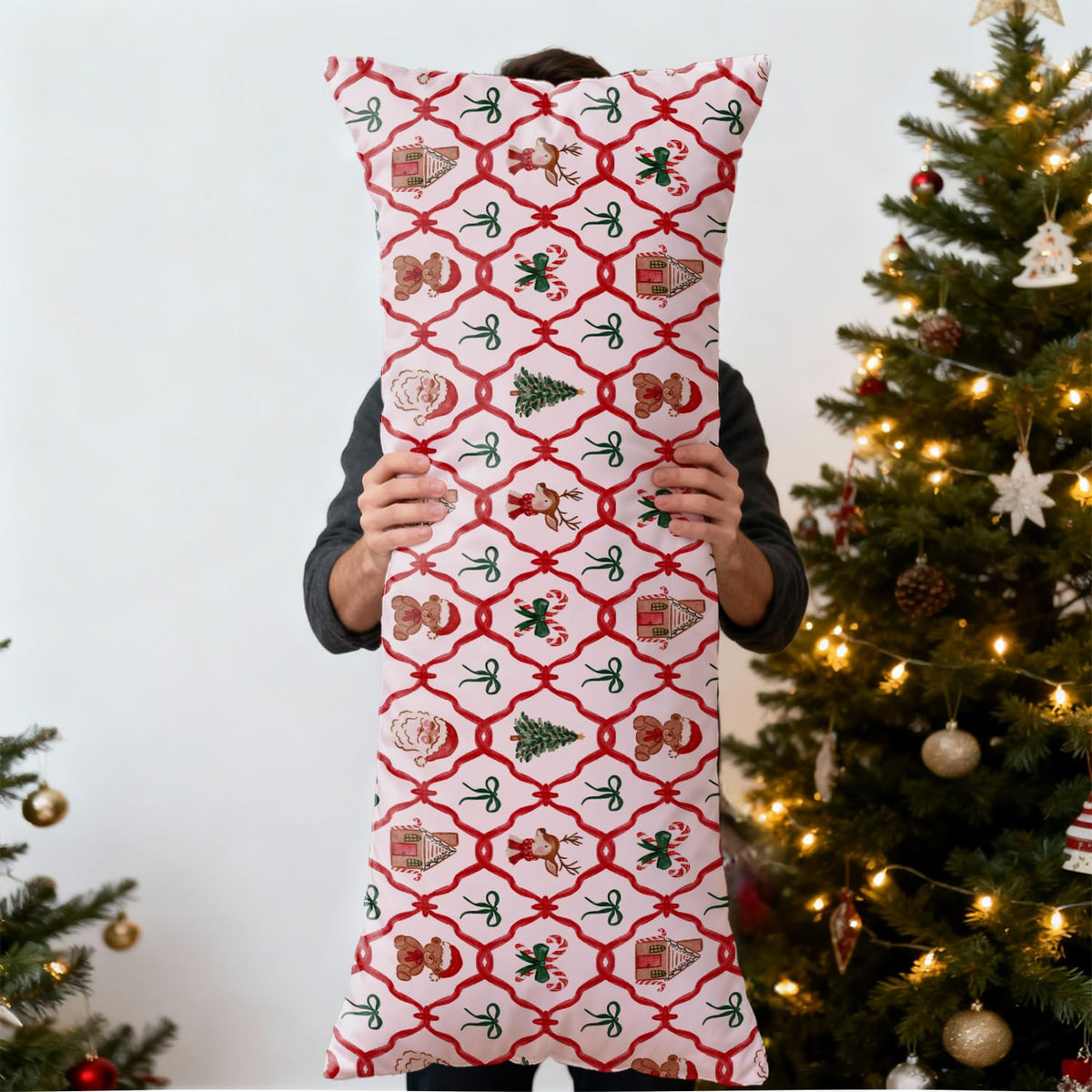 Mancheng-zi Red and Green Christmas Bow Trellis 20x54 Body Pillow Cover Pillowcase with Zipper, Coquette Christmas Decor, Retro Xmas Santa Reindeer Decorative Long Hug Pillow Cases for Bed Couch