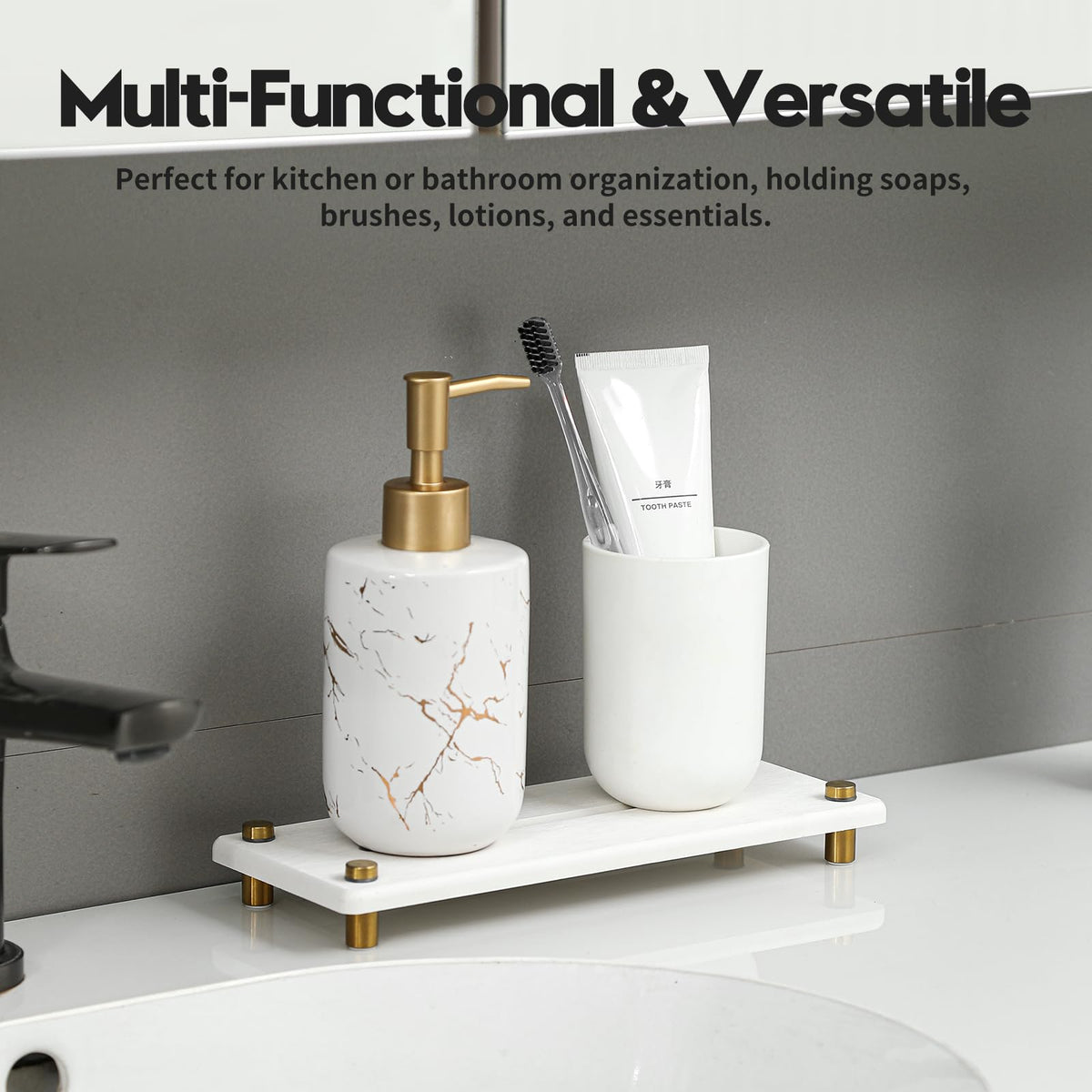 Razborci Water Absorbing Stone Sink Caddy Kitchen Sink Organizer Tray, Diatomite Bathroom Counter Tray, Gold Faucet Drying Mat Coaster Soap Dish Rack Riser Dispenser Sponge Holder, White 10" x 4"