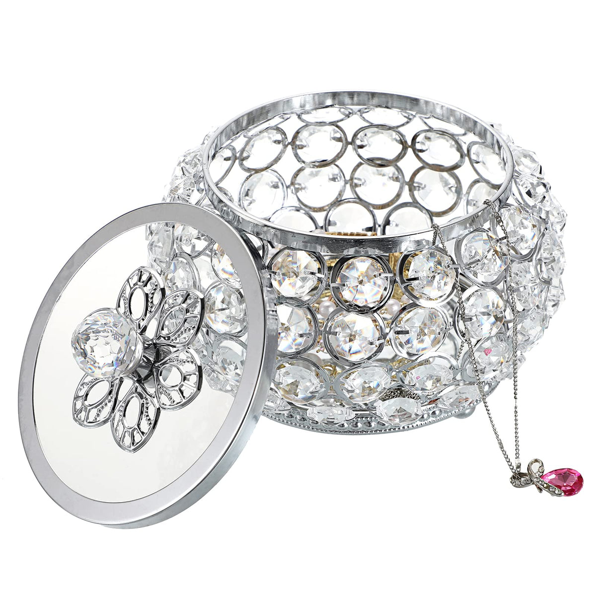 Hipiwe Crystal Jewelry Trinket Box with Glass Lid Silver Mirrored Treasure Box Decorative Jewelry Box Ring Earrings Necklace Storage Keepsake Box Gift for Women