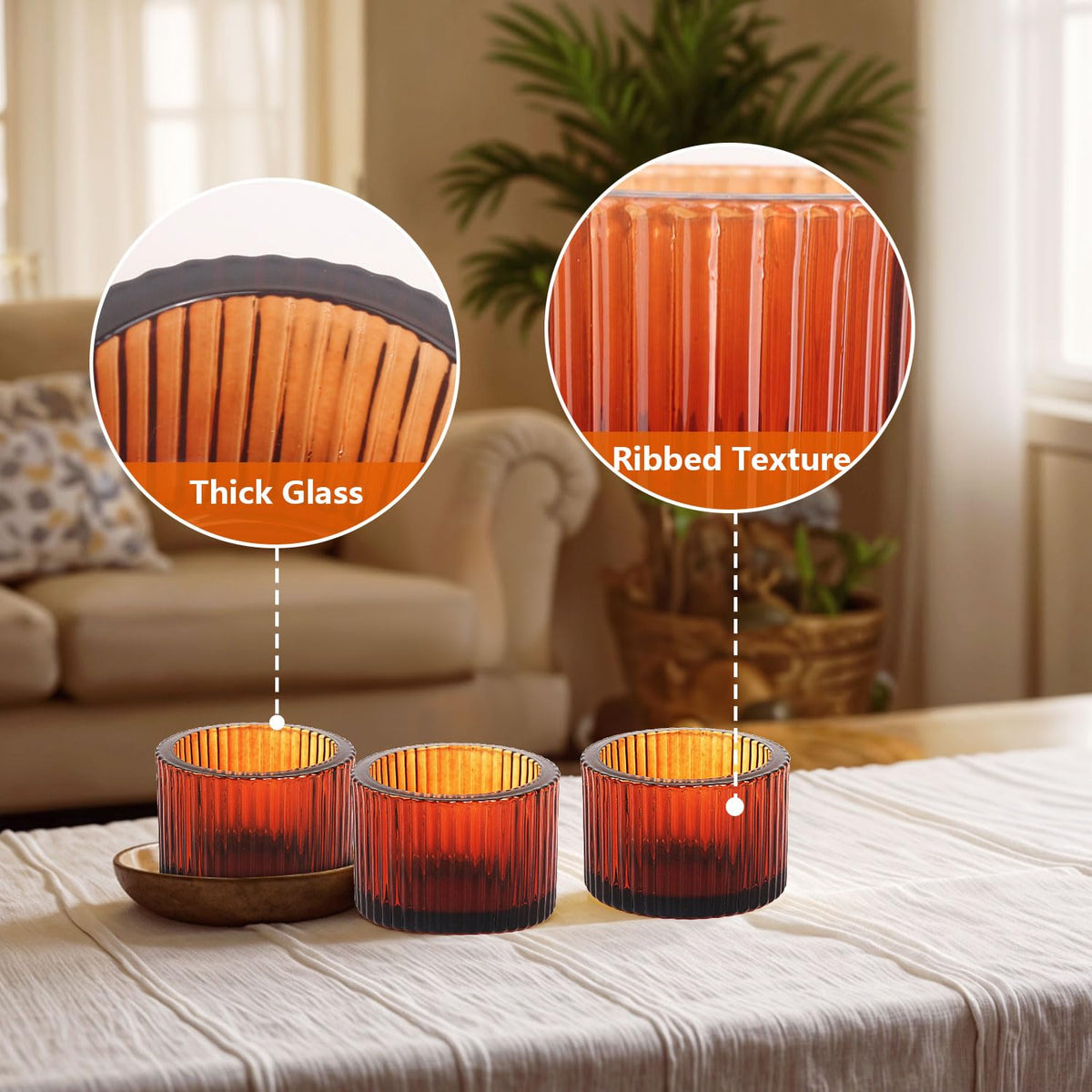 JOYIT Amber Votive Candle Holders Bulk Set of 12, Tealight Candle Holder for Wedding Table Centerpiece, Glass Small Candle Holders for Birthday Party, Valentine's Day, Home Decor (2''X 1.4'')