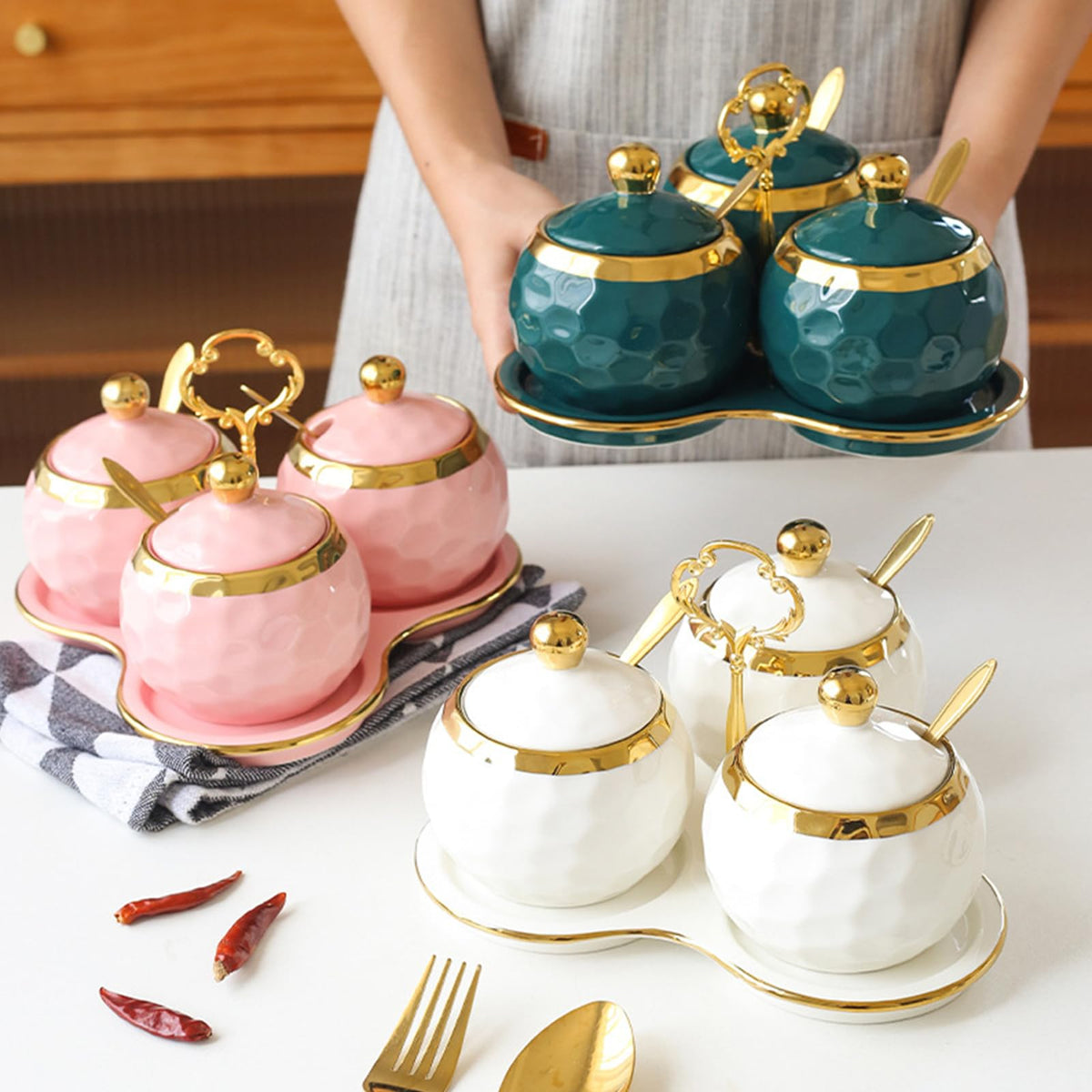 YMYL Set of 3 Porcelain Condiment Pot Sugar Bowl with Lid, Spoon and Tray, Modern Ceramic Seasoning Jars Salt Container for Home Kitchen, Restaurant, Coffee Bar (White)