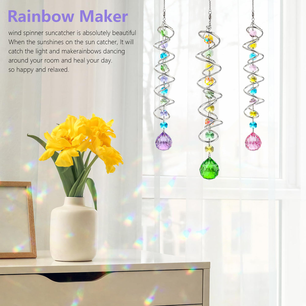 H&D HYALINE & DORA Set of 3 Crystal Sun Catcher for Window Hanging Double-Spiral Gazing Ball Spiral Tail Rainbow Maker Wind Spinners Outdoor for Garden, Patio, Porch, Christmas