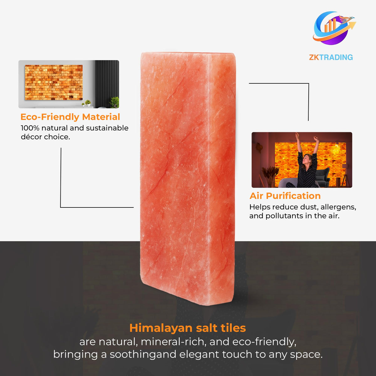 ZK Pack of 10 Himalayan Salt Tiles 8” x 4” x 1” for Sauna Backlit Salt Walls- Natural Pink Salt Bricks for Spa & Wellness Room Décor, DIY Salt Block Installation