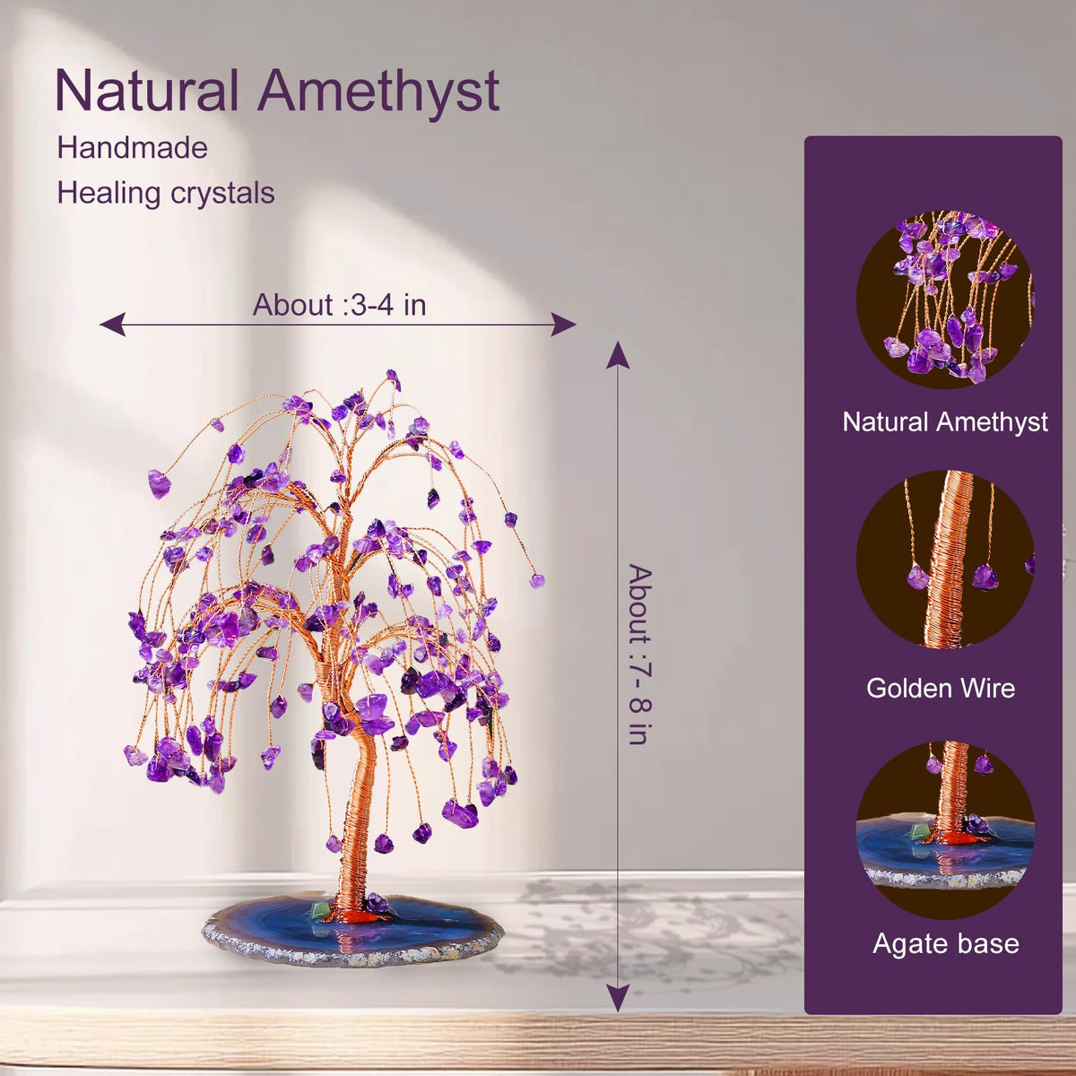 Runyangshi Natural Amethyst Crystal Tree of Life Handmade with Copper Wire - 7-8" Healing Crystals Gemstone Willow Tree Geode Agate Slices Base for Home Decor, Feng Shui Gifts, Office Desk Ornament