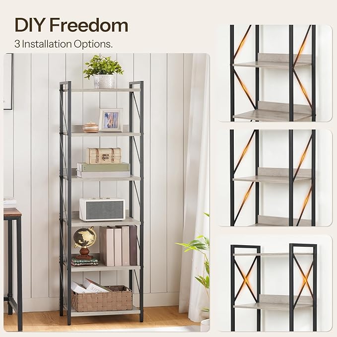 HOOBRO Bookshelf, 6-Tier Industrial Bookcase, Book Shelf Storage Organizer