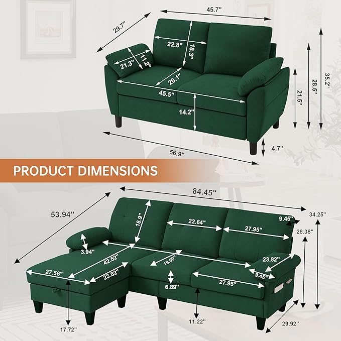 84" Convertible Sectional Sofa Set, 3 Seat L Shaped Couch
