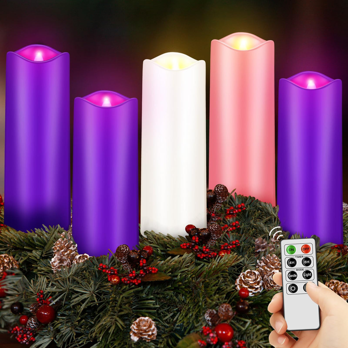Mudder 5 Pcs Christmas Advent Pillar LED Flameless Candles - Purple, Pink, White Taper Candles for Wreath