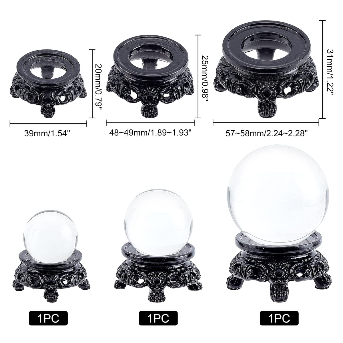 AHANDMAKER 3 Pcs Black Crystal Ball Display Stand Pedestal, 3 Size Small Resin Sphere Stand Gazing Ball Holder Pendulum Plate Stand for Display Crystal Ball Stone Quartz Ball Orb Home Table Decor