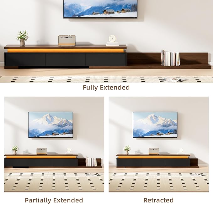 Extendable TV Stand with LED Lights, Modern TV Console with 3 Drawers, Wooden