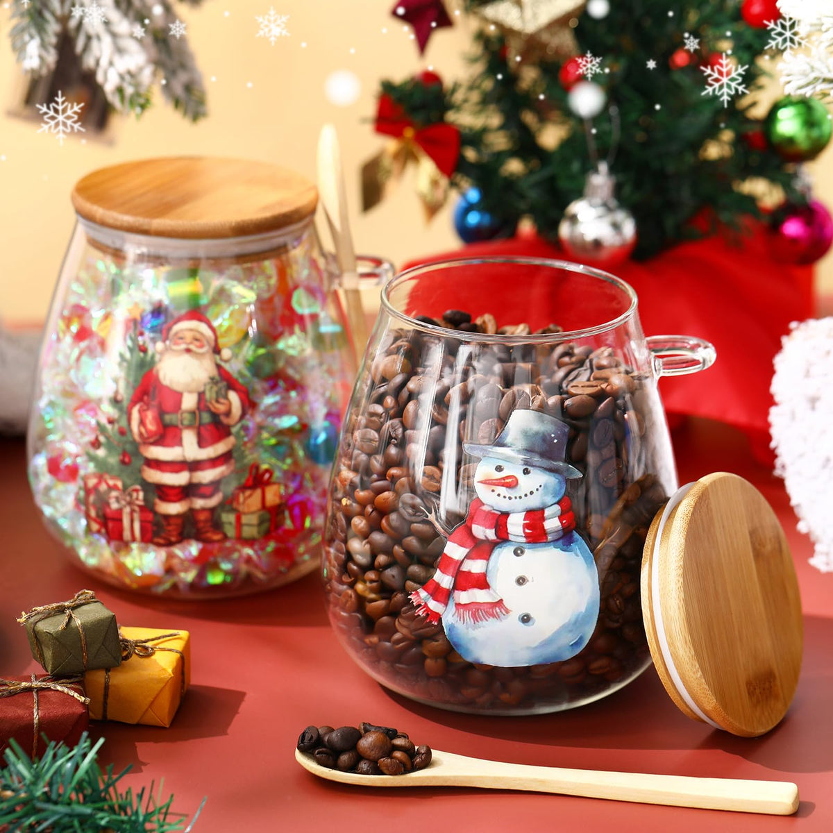 Pickmesh 2 Sets 34 oz Christmas Glass Storage Jars with Airtight Bamboo Lid and Spoon Christmas Decorative Container Xmas Canister for Kitchen Countertop Decoration Cookies Snacks Candy(Santa)