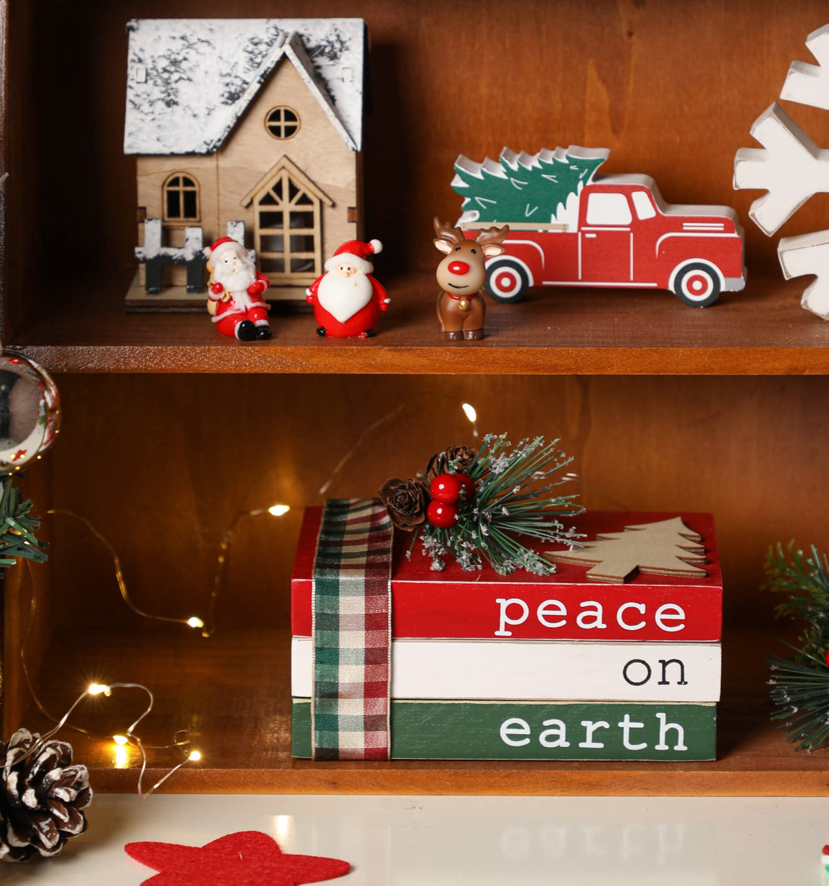 Christmas Wood Book Stack, Christmas Tiered Tray Decor, Peace on Earth Mini Faux Decorative Books with Pine Berry, Farmhouse Book Decor for Home Table Mantle Shelf