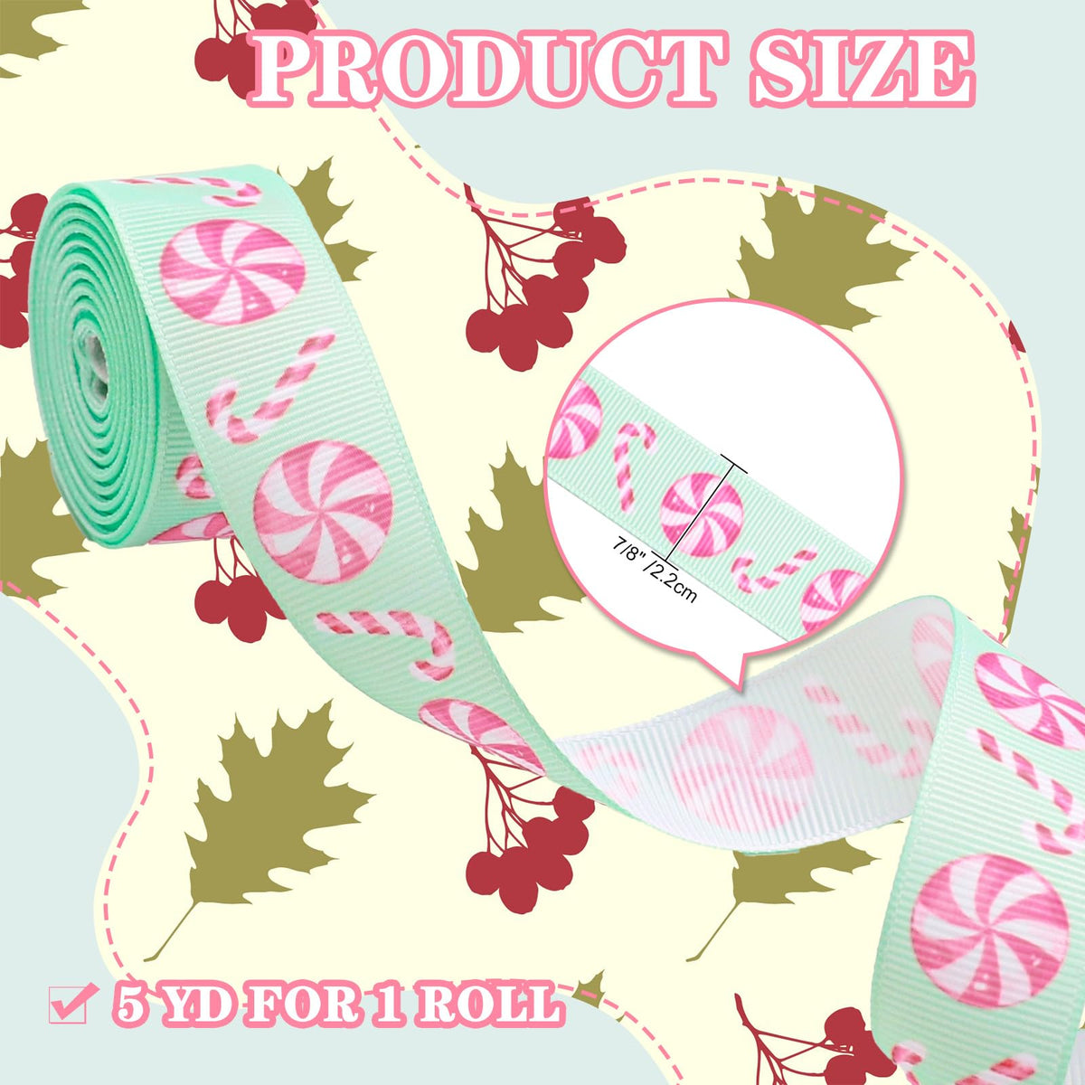 JarThenaAMCS 6 Rolls Christmas Grosgrain Ribbon 7/8" Pastel Pink Green Xmas Tree Candy Snowflake Santa Gingerbread Man Fabric Craft Ribbons for Bow Gift Wrap Holiday Birthday Party Decor, 30 Yards