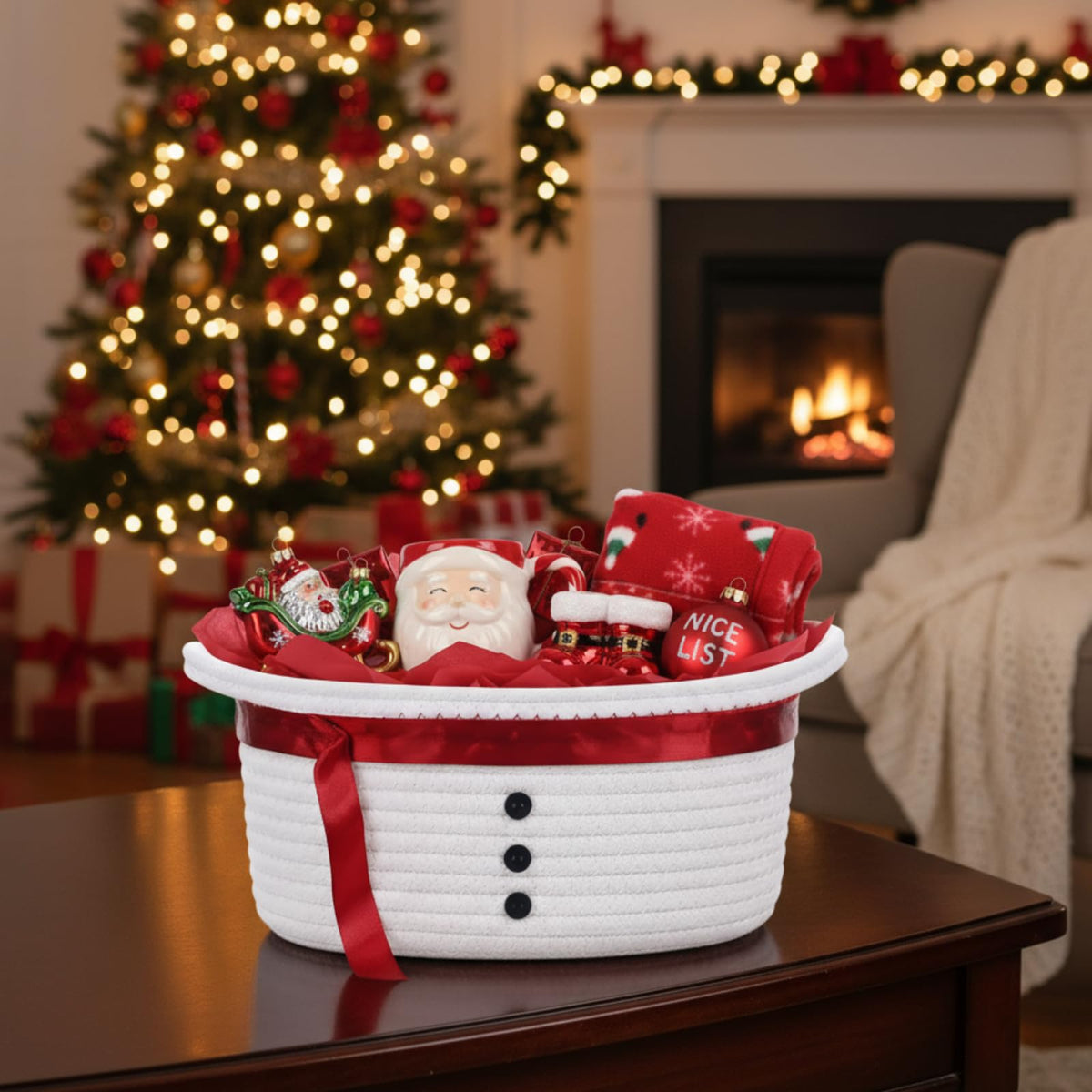 Zopeal Christmas Woven Basket with Gift Bag, Ribbon and Red Tissue Paper Snowman Empty Woven Bin Basket Holiday Decorative for Xmas Gifts, 12 x 8 x 5 Inch