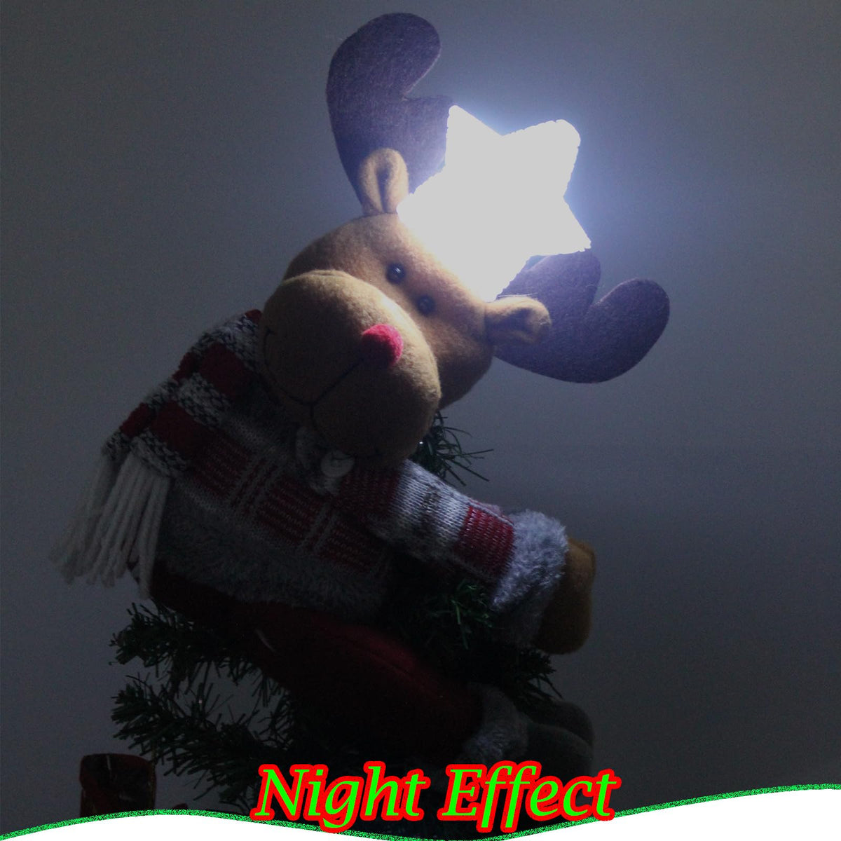 Christmas Plush Reindeer Tree Topper with Glowing White Star - Multifunctional Xmas Treetop Ornament, Home Curtain Tie & Hugger Wine Bottle Party Decoration