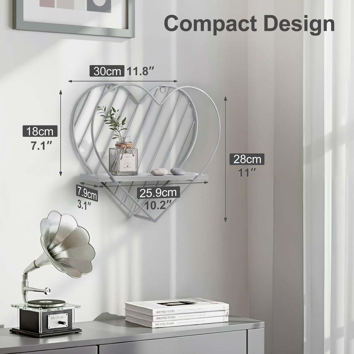 Afuly Wall Shelf Metal Grey Floating Shelves Heart Design Small Shelf Storage Rack Modern Romantic Farmhouse Style Cute Fancy Unique Nursery Room Bathroom Bedroom Wall Decor