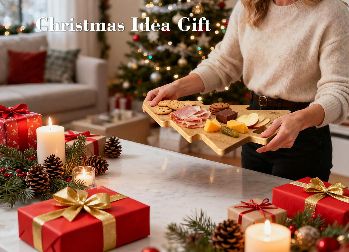 Dofira Acacia Wood Christmas Tree Cutting Board 15x12 Inch Charcuterie Board with Handle, Xmas Cheese Appetizer Tray, Wooden Decorative Serving Platter for Holiday Kitchen Party