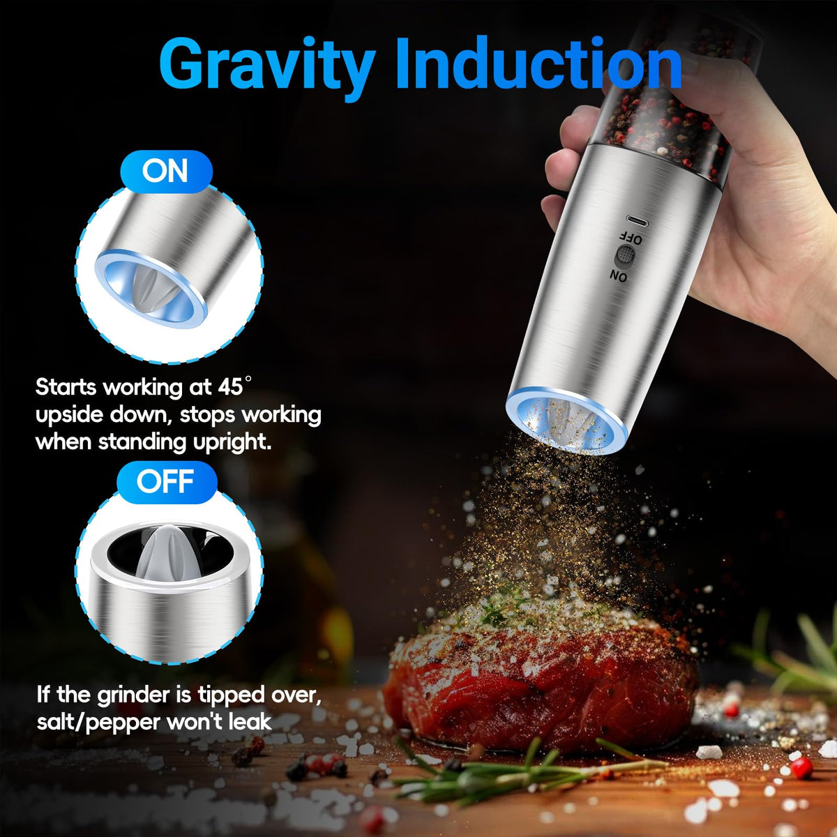 MealHelper Rechargeable Gravity Electric Salt and Pepper Grinder Set with LED Light, Type-C Fast Charging, Adjustable Coarseness, Large Capacity Grinder for Kitchen & Outdoor, (2 Pack-Stainless Steel)
