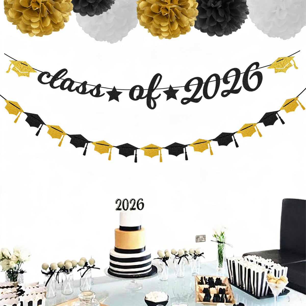 Black-White Gold Party-Decorations Graduation Banner - 8pcs Kits Class of 2026 Cap Garland Streamers, Paper Tissue Pom Poms Flowers, Congratulations Grad Decor Lasting Surprise
