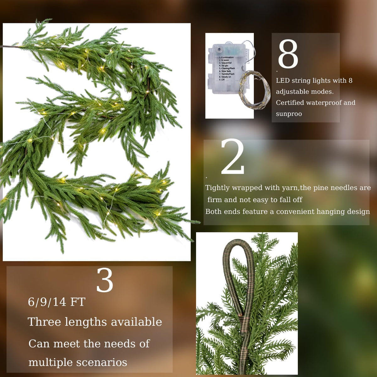 MISSPIN 9ft Christmas Garland with String Lights, Real Touch Cedar Pine Garland, Green Artificial Greenery Garland for Table, Mantle, Wall, Indoor, Outdoor Christmas Decorations