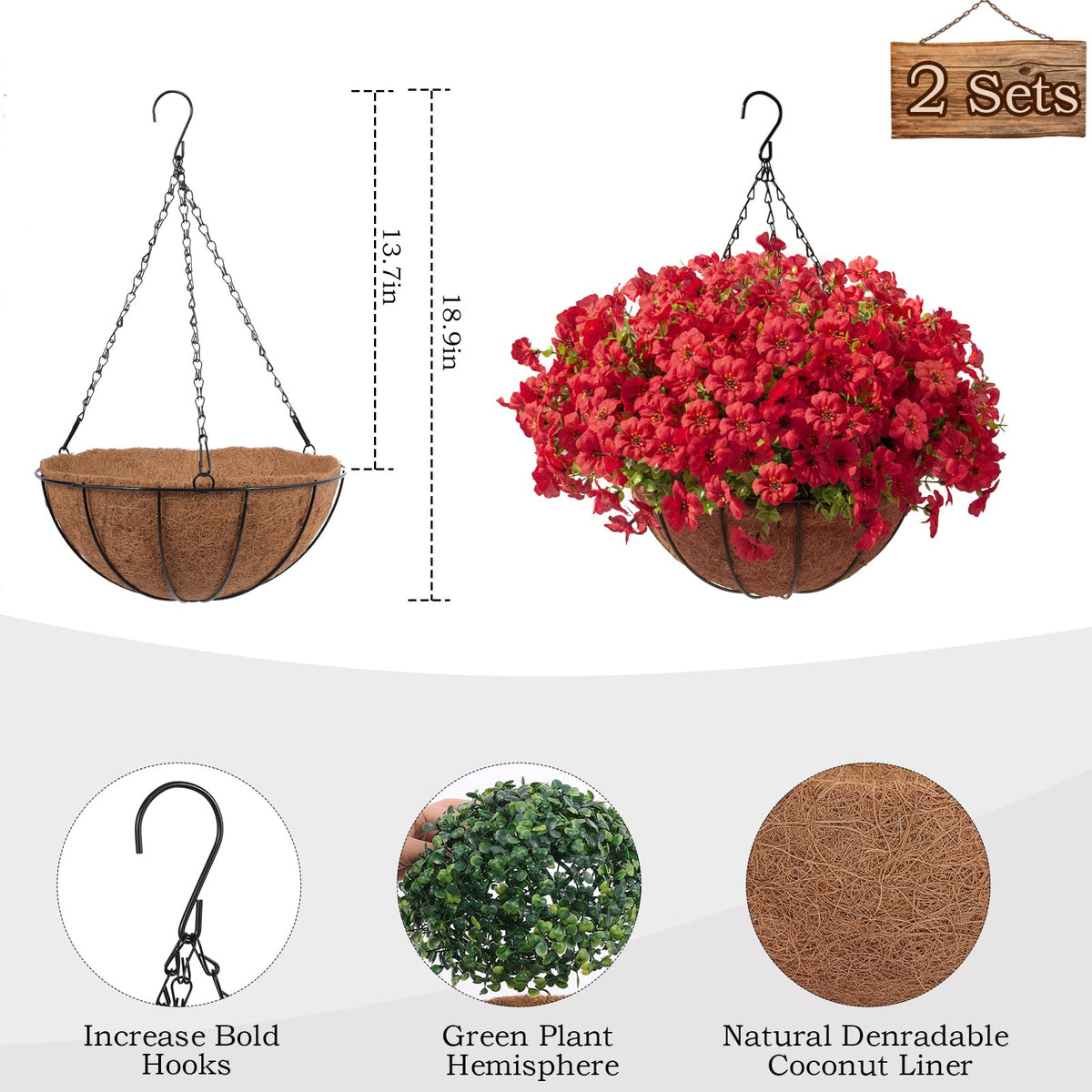 Hananona 24 Pcs Artficial Outdoor Flowers with Hanging Baskets, 2 Pack Hanging Planter with Red Outdoor Spring Flowers for Christmas Porch Home Patio Yard Decor (2, Red)
