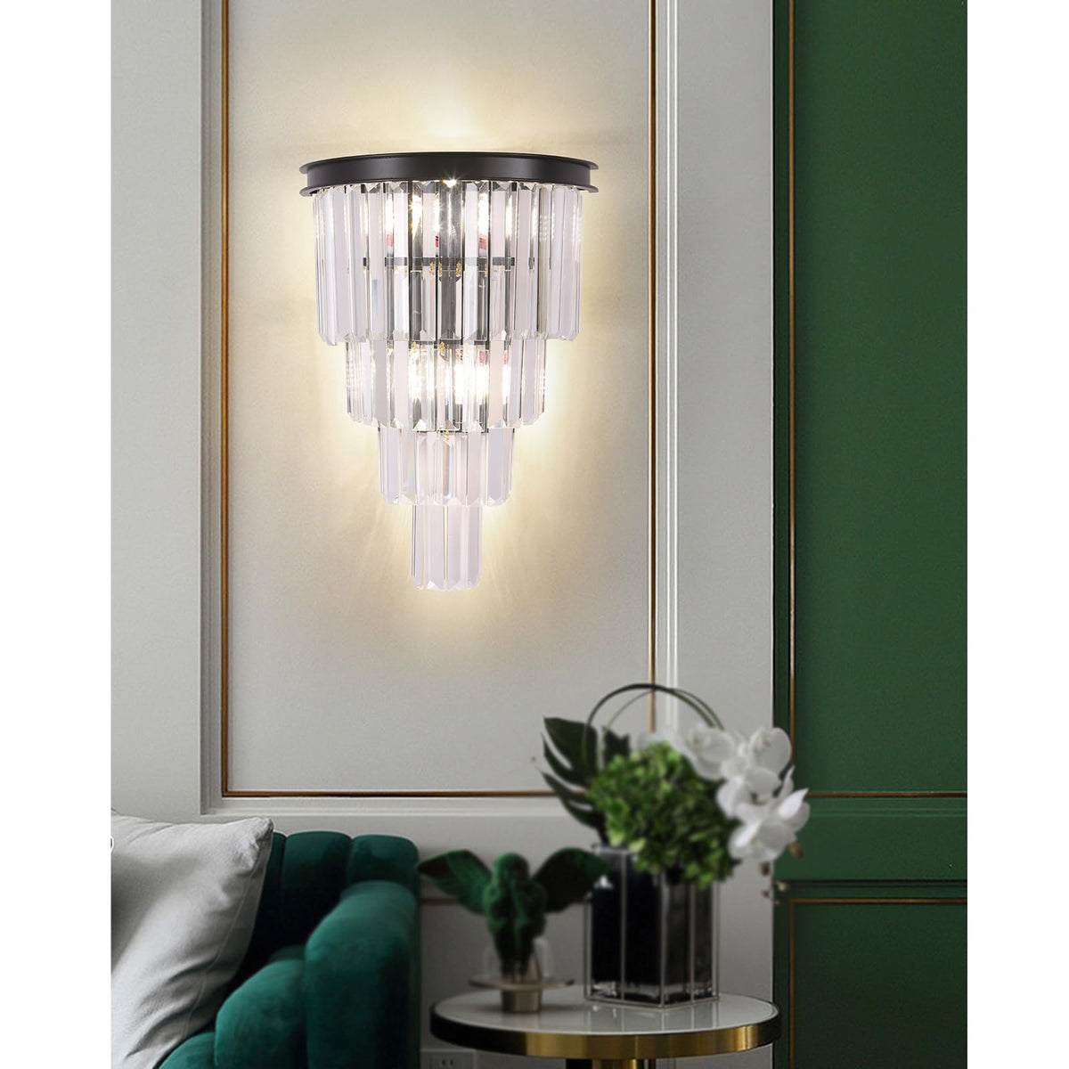 DOYFDOX Black Crystal Wall Sconce, Modern 4-Tiers K9 Clear Crystal Wall Light Bedside Wall Mount Lamp for Living Room Bedroom Mirror Dining Room Hallway Foyer Lighting Fixture