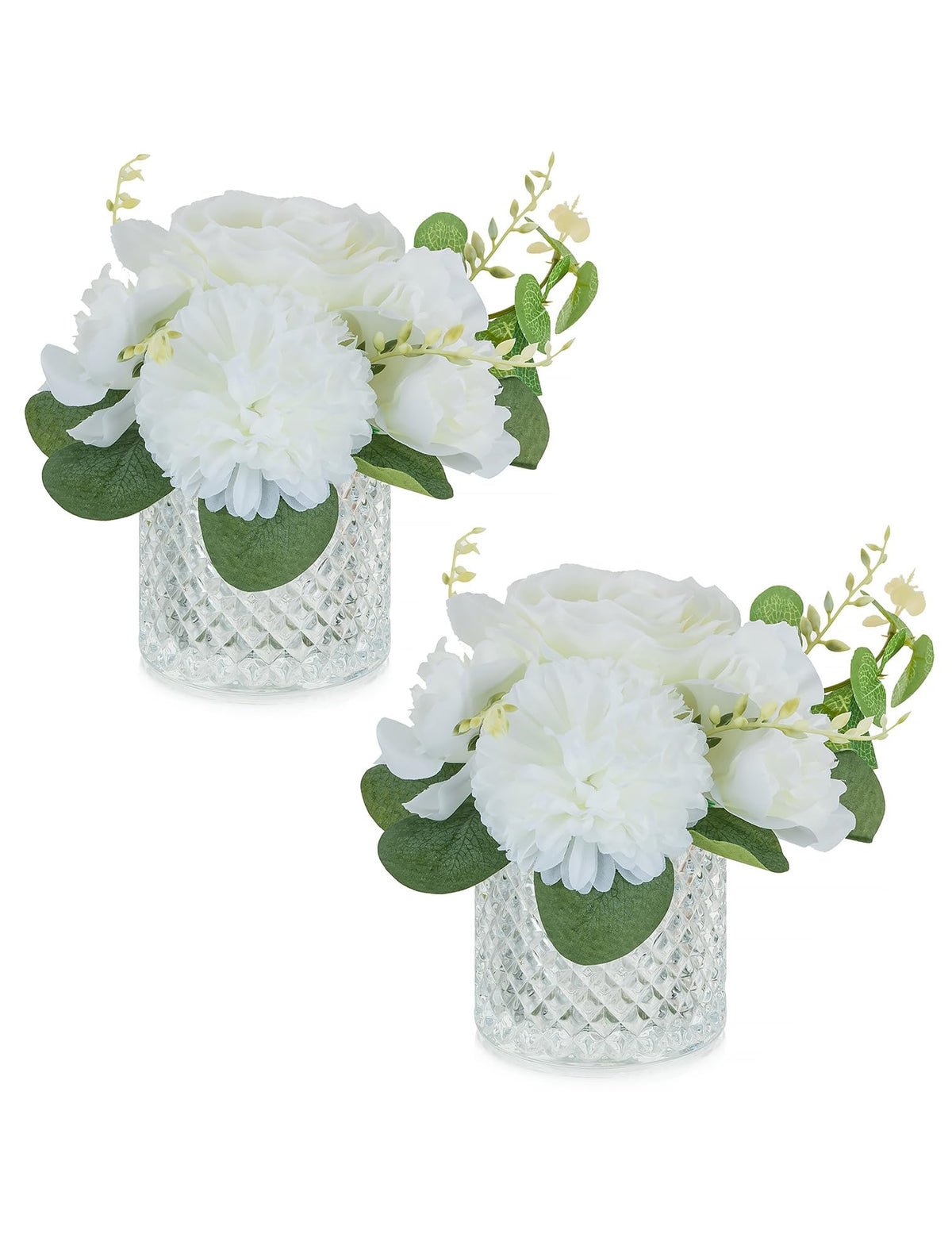 NUPTIO Small Fake Flower in Vase: 2 Pcs Silk Artificial Flowers with Clear Glass Vases for Living Room Bathroom Office Decor - Faux Rose Mums Floral Arrangements Wedding Dining Table Centerpiece