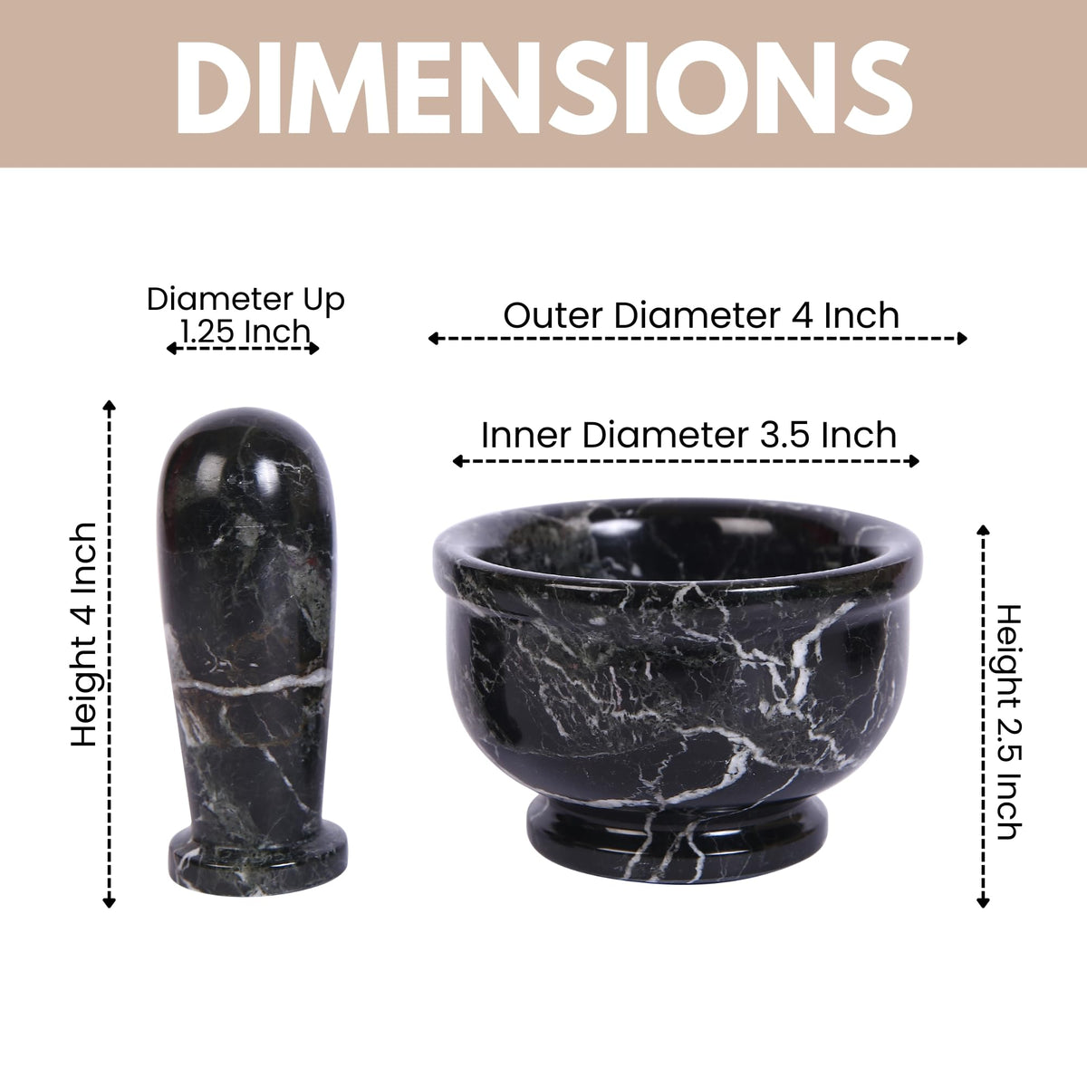 Marble Hives Hand Grinder Marble Mortar & Pestle Set – 4 Inch Black Kitchen Tool Set for Guacamole, Herbs, Spices, Pill Crushing, Fine Powder Grinding & Coffee – Premium Stone Mortar (Large)