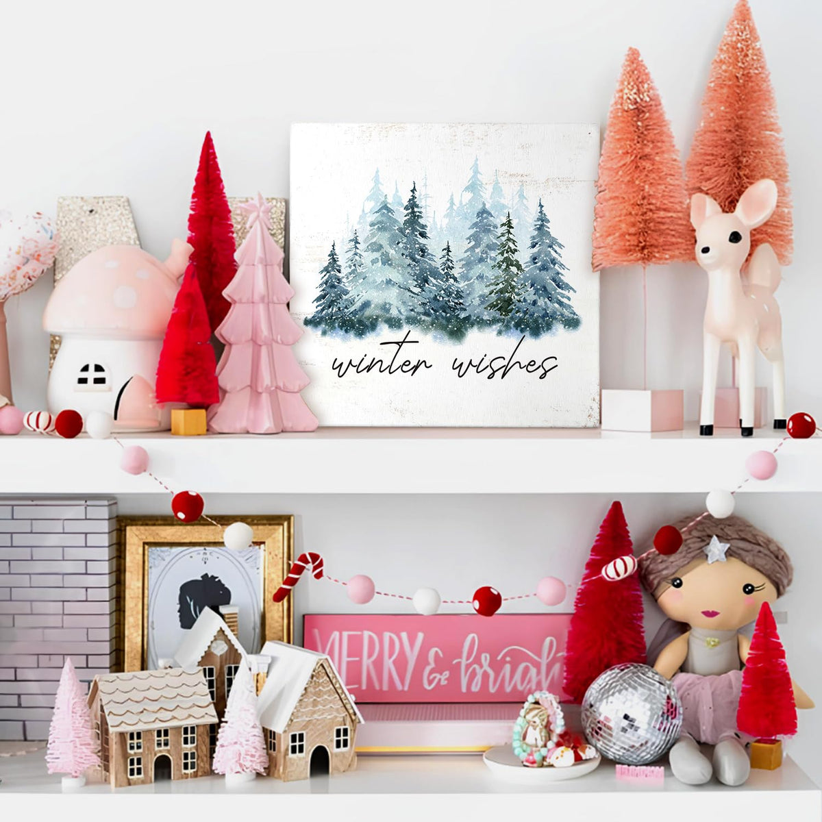 MTRGDN Winter Tree Decor - Christmas Sign and Christmas Decoration - Rustic Wood Block Plaque for Home