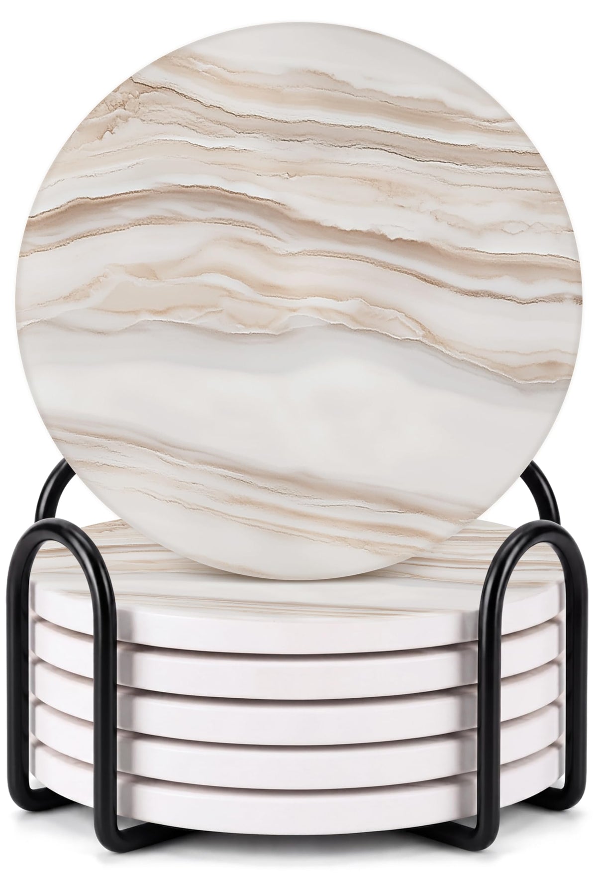 VEYRO Ceramic Coasters Set of 6 – Absorbent Stone Drink Coasters with Holder, Non-Slip Cork Backing, Modern Marble Look Coasters for Coffee Table, Desk & Home Decor