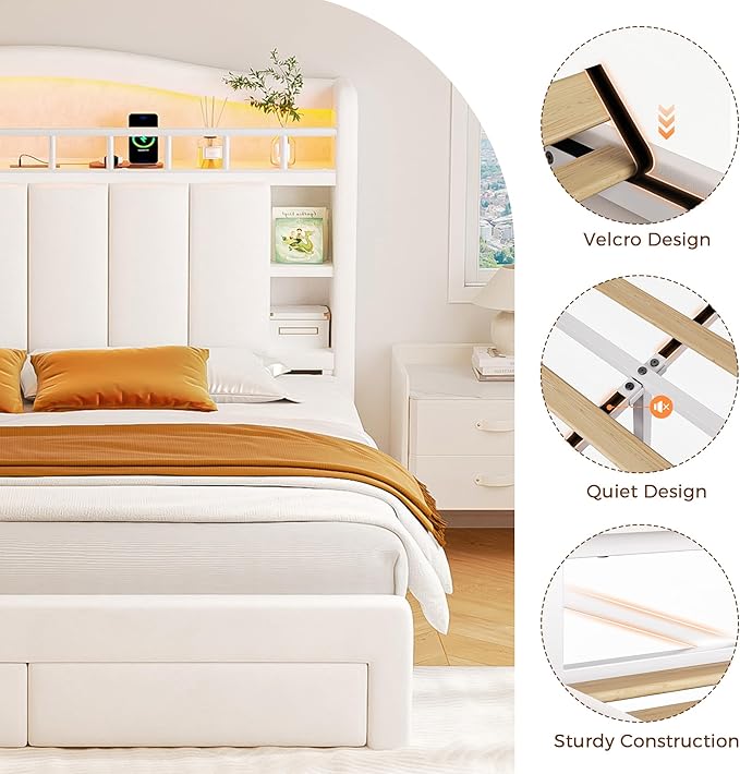 Full Size Bed Frame with LED Storage Headboard & 2 Storage Drawers, Velvet