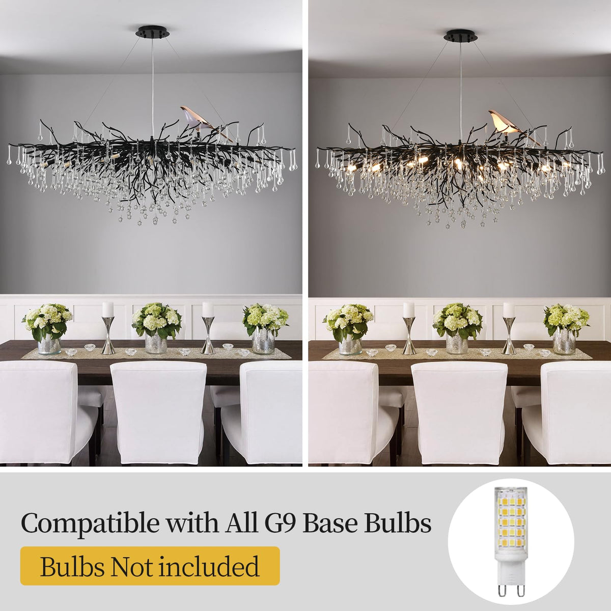 Modern Crystal Chandelier, Tree Branch Style - L60" Black Linear Raindrop Pendant Light - 16 Lights for Dining, Living Room, Entryway, Foyer, Stairway, Bedroom
