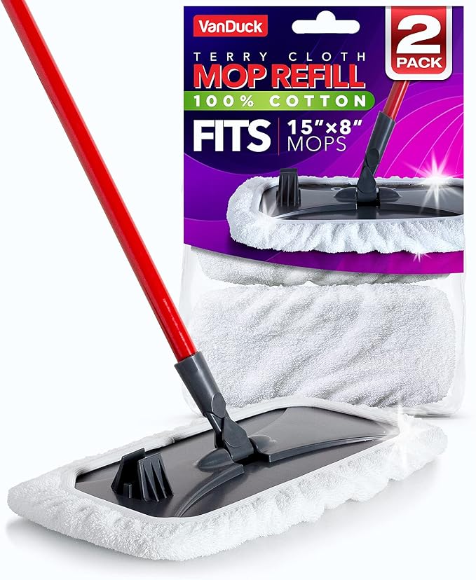 VanDuck 100% Cotton Pad Terry Cloth Mop Refills 15x8 inches, 2 Pack