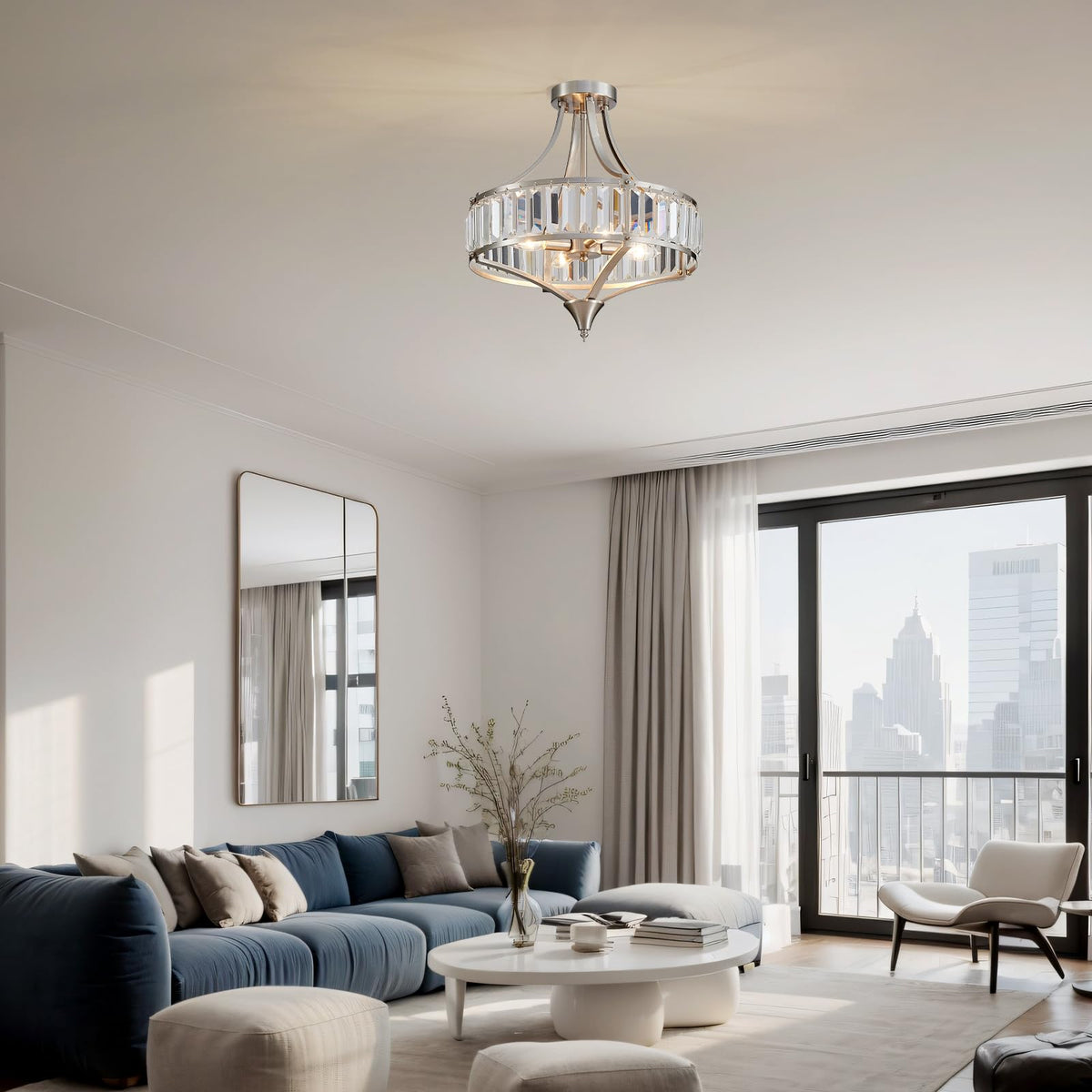 Cabvope Crystal Chandelier Ceiling Light Fixture, Modern Round Brushed Nickel Dining Room Chandeliers for Kitchen Hallway Bedroom Foyer, 16 Inch Rustic Farmhouse Semi Flush Ceiling Light, 4-Light