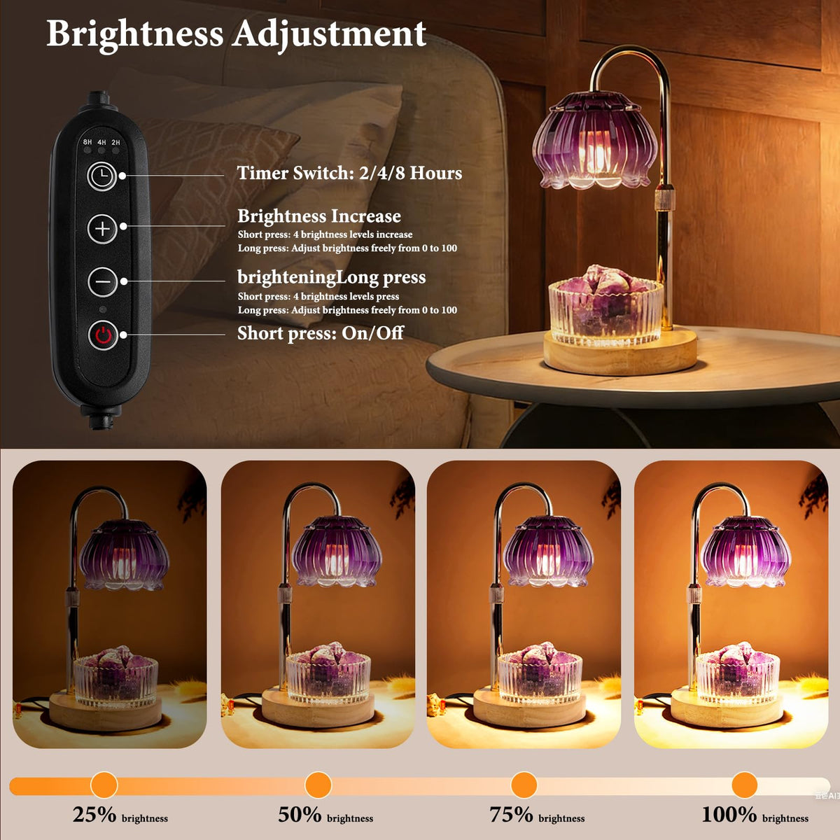 Candle Warmer Lamp with Dimmer & Timer, Adjustable Brightness & Temperature, 2/4/6H Timed, Natural Amethyst Crystals Essential Oil Diffuser & Melting Lamp for Scented Wax Melts, Home Decorative Gift