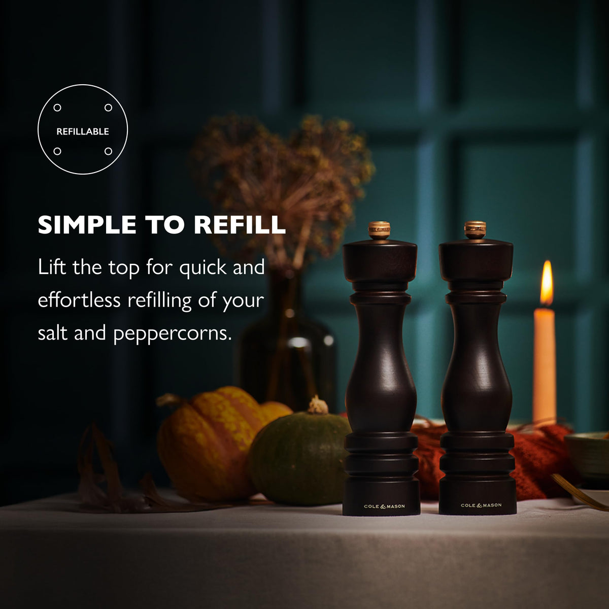 Cole & Mason London Refillable Spice Mill - Kitchen & Home Accessory - Salt & Pepper Grinder Set - Salt Mill with Ceramic Mechanism - Pepper Mill with Carbon Steel Mechanism - 8", Chocolate Wood