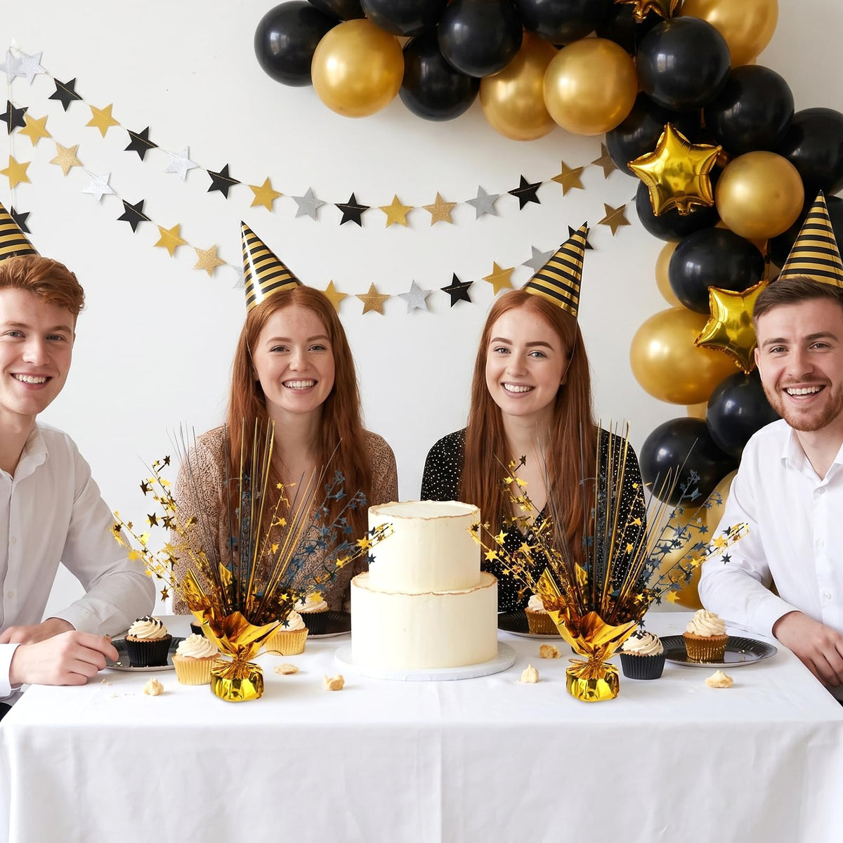 12 Pack Metallic Foil Spray Star Centerpieces for Tables, Black and Gold Party Decorations for Wedding Birthday Baby Shower Bachelorette Retirement New Years Party Table Decorations