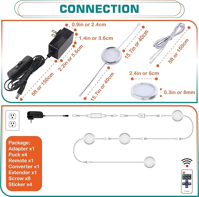 Kitchen Under Cabinet Lights Kit, 120 Volt Wired LED Puck Display Cases Lighting