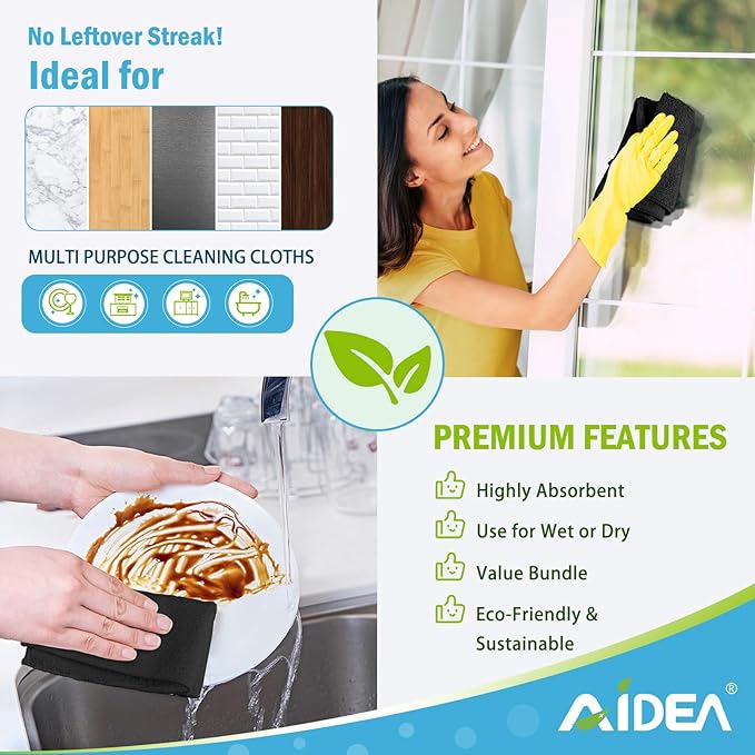 AIDEA Microfiber Cleaning Cloth Black 12PK, Microfiber Towels