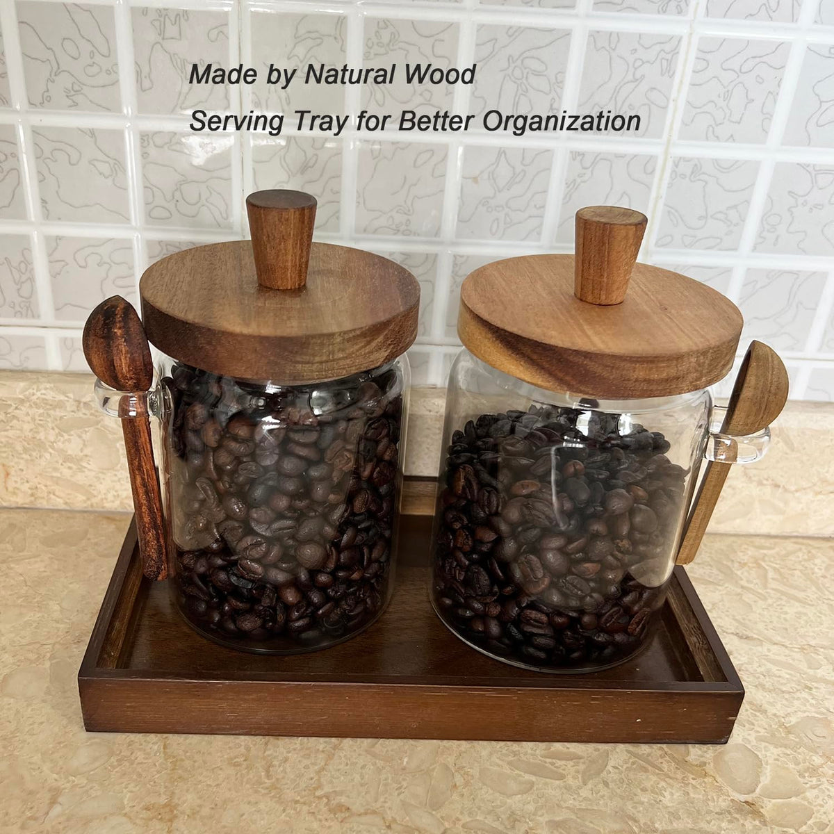 BEECO GIF2U Glass Jars with Brown Wooden Lids and Scoops 20oz 2Pack with Tray, Airtight Food Storage Containers with Tray for Sugar Coffee Bean Candy Spice
