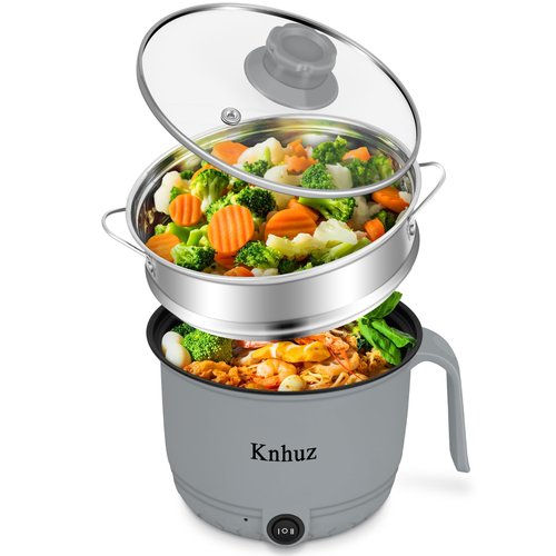 Hot Pot Electric With Steamer,Rapid Ramen Cooker,1.8L Mini Portable Self Heating Electric Pot For Cooking Noodles Steak Pasta,Shabu Shabu Hotpot Pot Electric Dorm Lazy Pot,Non-Stick Gray