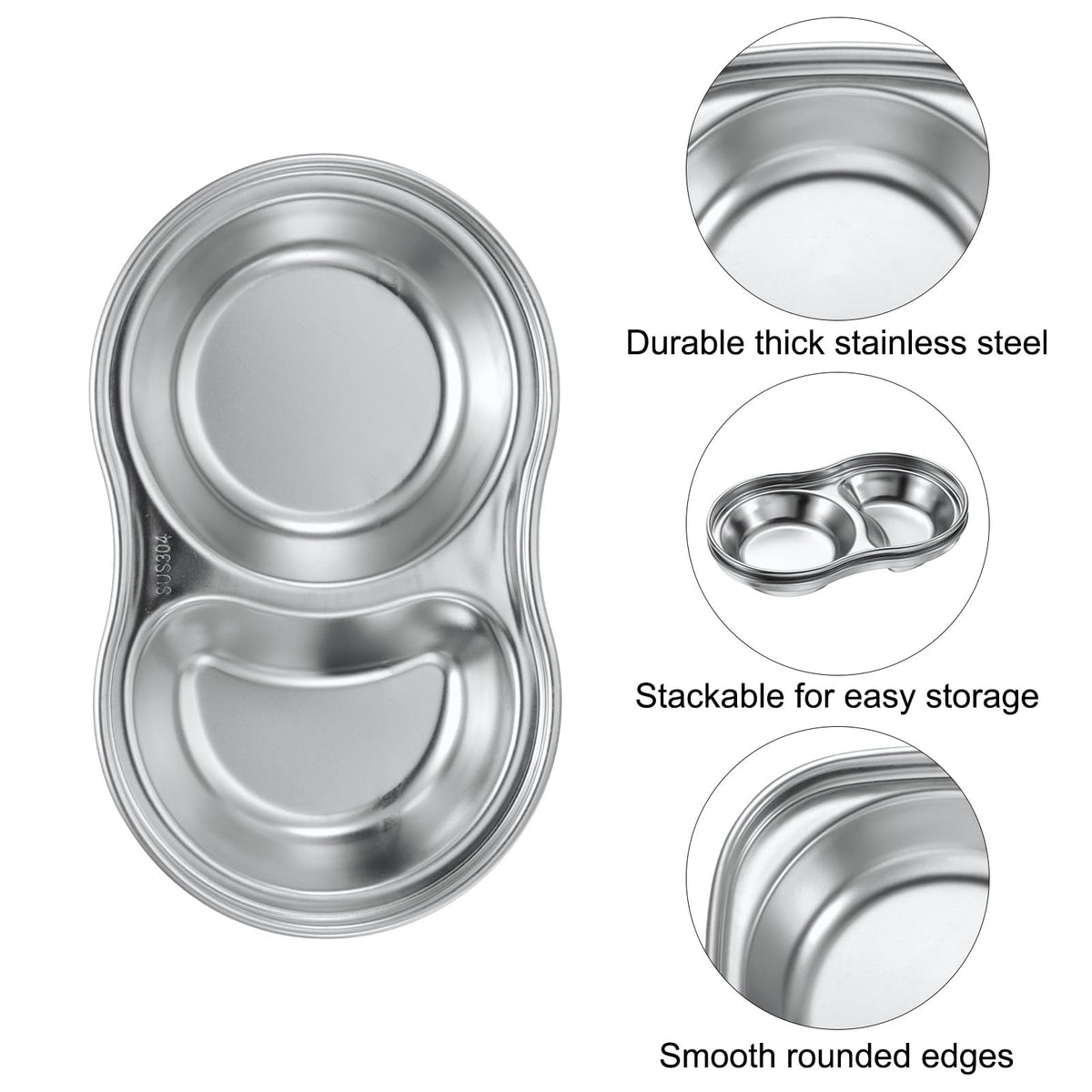 uxcell 6 Pack Stainless Steel Dish Dipping Bowls with 2 Round Compartment Divided, Metal Seasoning Plate Dipping Bowl for Condiment Home Party Restaurant Picnic Travel, Silver