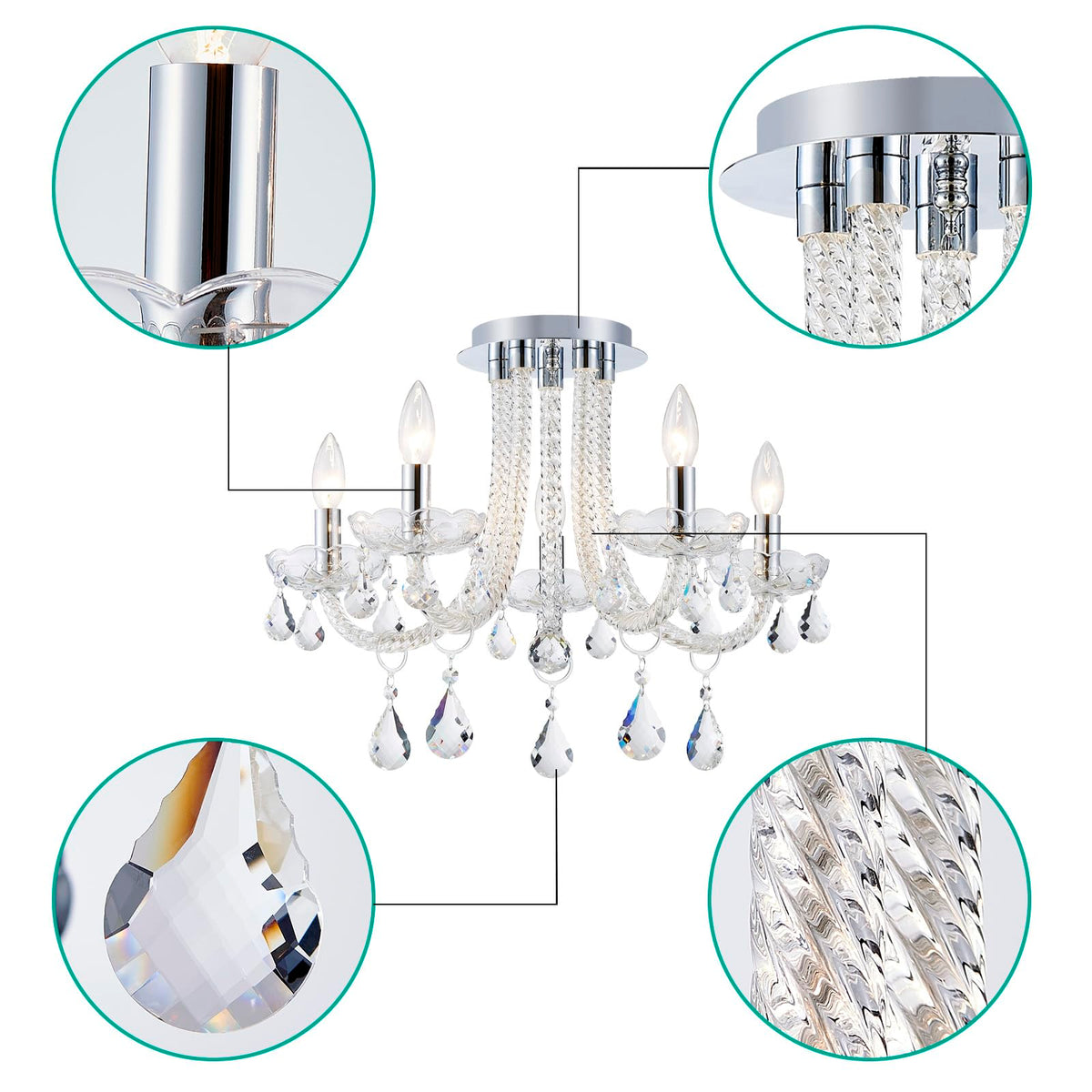 GlowEasely French K9 Crystal Maria Theresa Candle Chandelier, Luxury Vintage Pendant Light Fixture for Dining Room, Living Room, 5 Lights, D22.4*H15.7 inch, Clear Crystal & Chrome Finish Frame