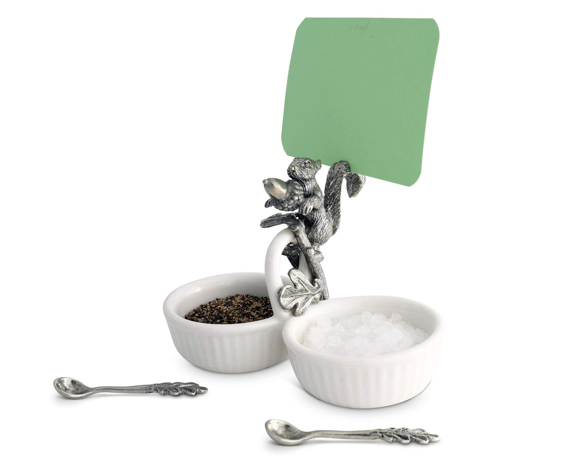 Vagabond House Squirrel Double Salt Cellar with Pewter Leaf Spoons percent spices or sauces 3 inch x 4 inch