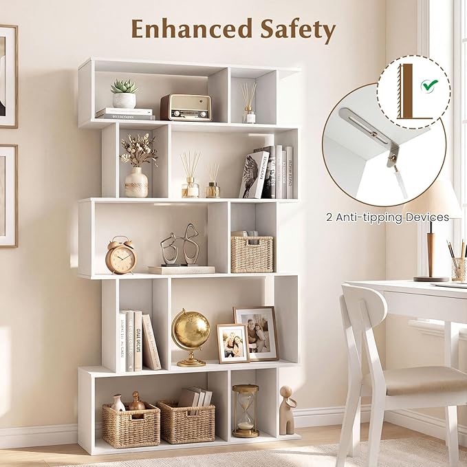 Giantex 5-Tier Bookshelf, 10-Cube White Geometric Bookcase