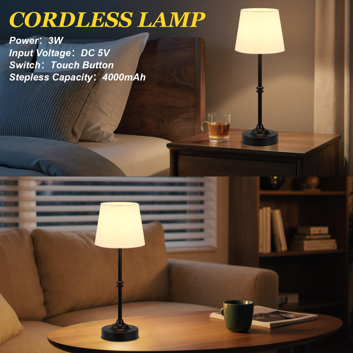 Kakanuo Rechargeable Cordless Table Lamp Black - 2 Pack 4000mAh Battery Operated Lamp, 3000K Warm Light, Touch Control Stepless Dimming, for Bedside, Dining Table, Home Decor