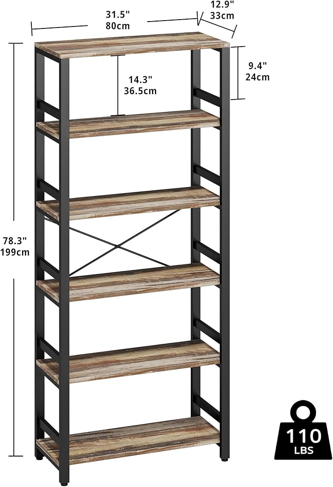 IRONCK Bookshelf, 31.5in Wide Shelf 6 Tier Bookcase, 110lbs/shelf Vintage